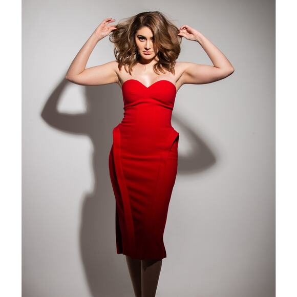 ❤️ ZARA Red Fitted Midi Dress NWT | Sweetheart Neck Off Shoulder M - Picture 6 of 15